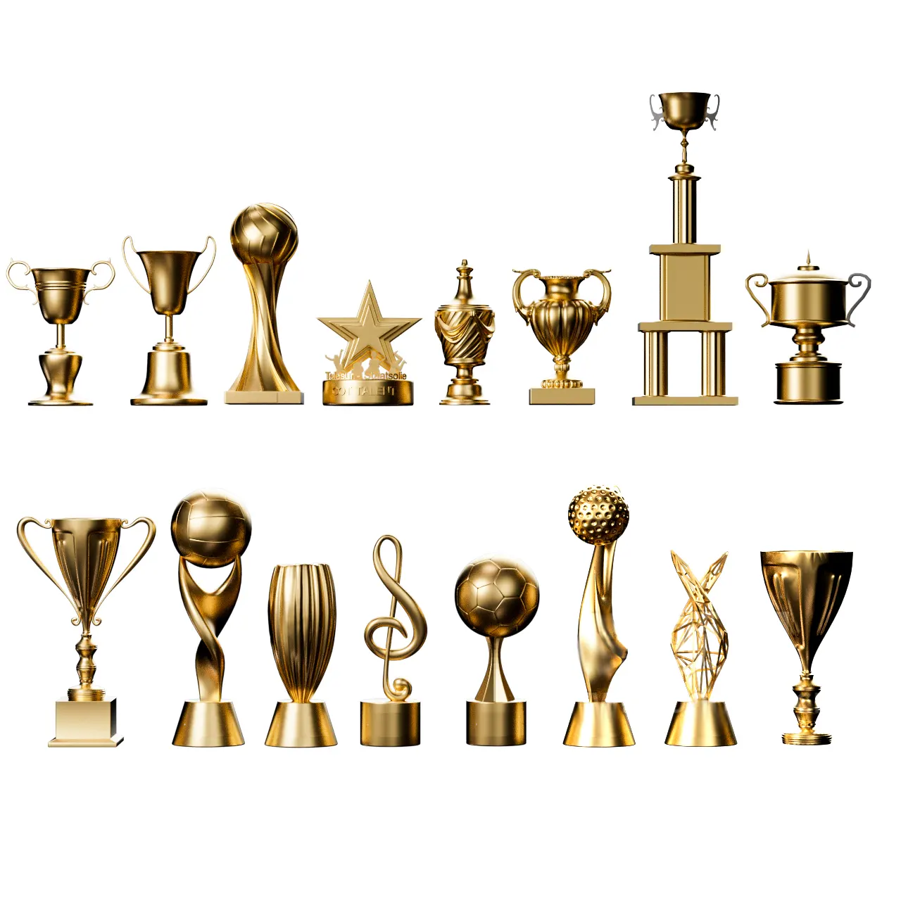 16种多行业表彰奖励专属奖杯三维模型金属光泽渲染极致美感打造数字荣誉殿堂最佳选择Golden trophy honor 3D model