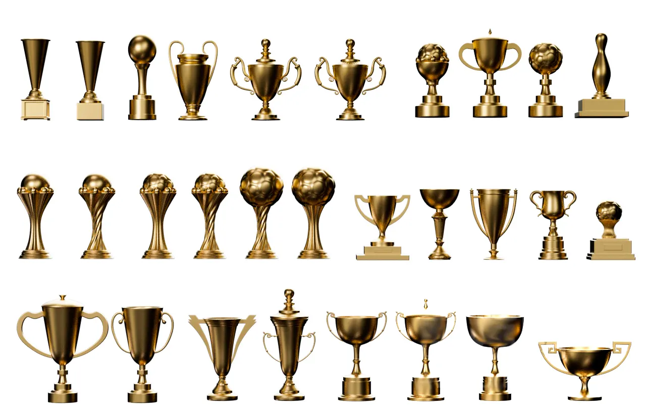 30个经典奖杯3D模型大全 金色高光细节精美 适用于体育赛事企业表彰建模渲染下载3D model of golden honor trophy
