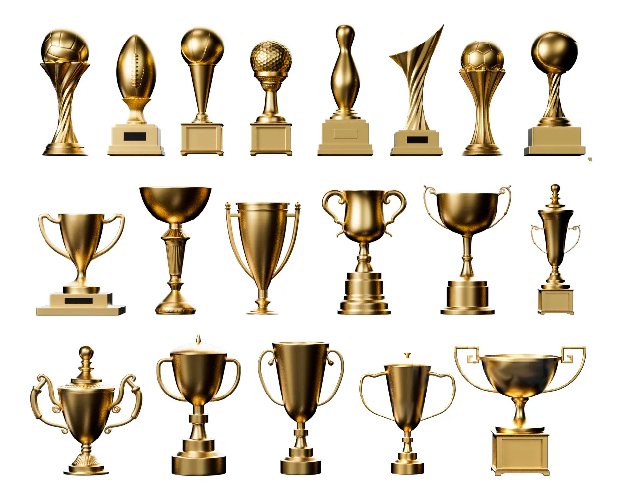 19款高质量金色奖杯3D模型合集免费下载支持C4D FBX OBJ多格式适用于各类赛事与表彰场景3D model of golden honor trophy
