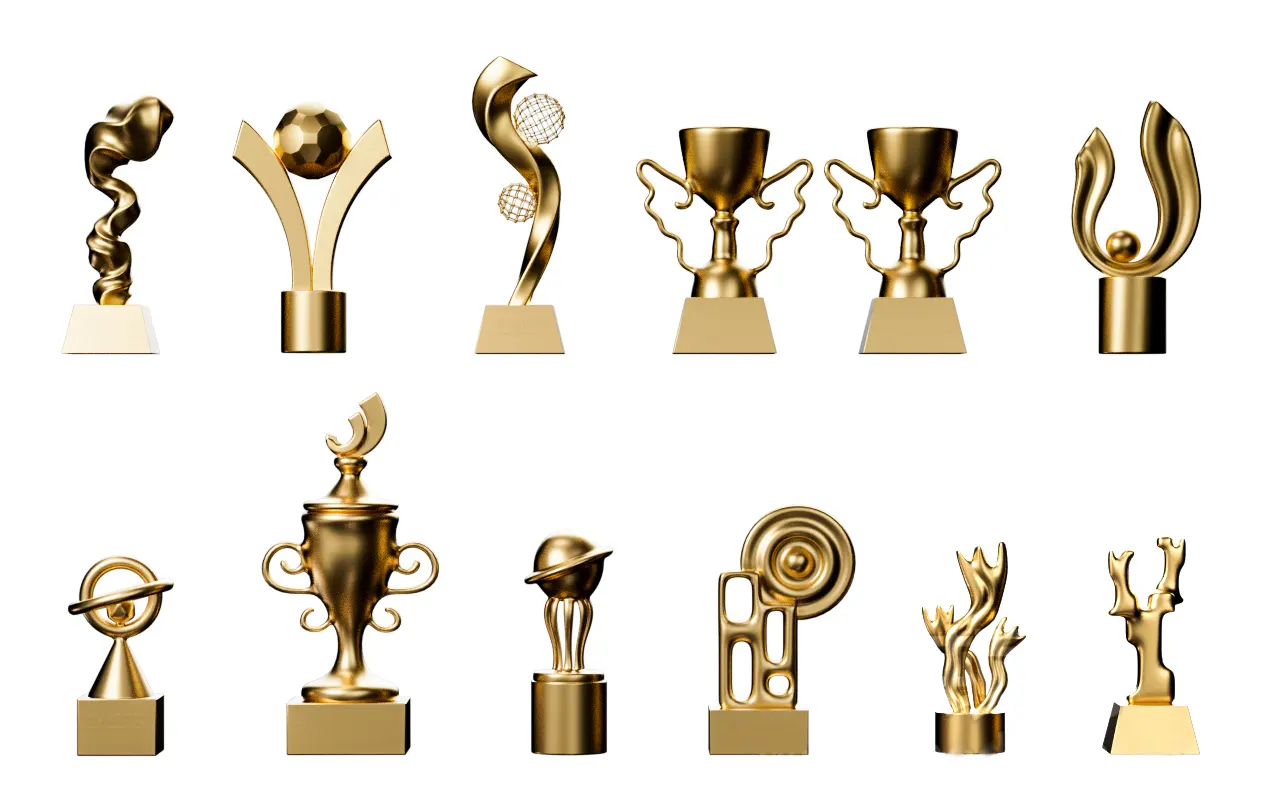 12个多风格无版权金色奖杯3D模型资源，适配多平台三维软件，满足商业及个人创意需求3D model of golden honor trophy