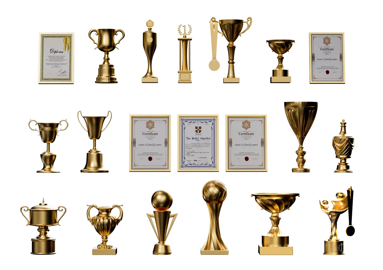 20个各类赛事获奖证书与奖杯高质量3D模型库快速渲染效果显著适合多种CG创作需求3D model of golden honor trophy