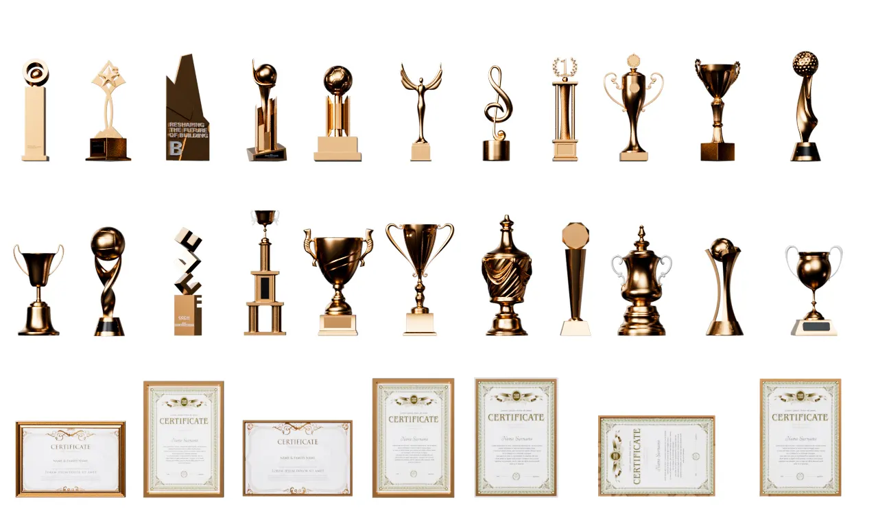 29个多样式数字奖杯与荣誉证书三维模型下载合集，助力专业动画制作与线上虚拟表彰典礼3D model of golden honor trophy