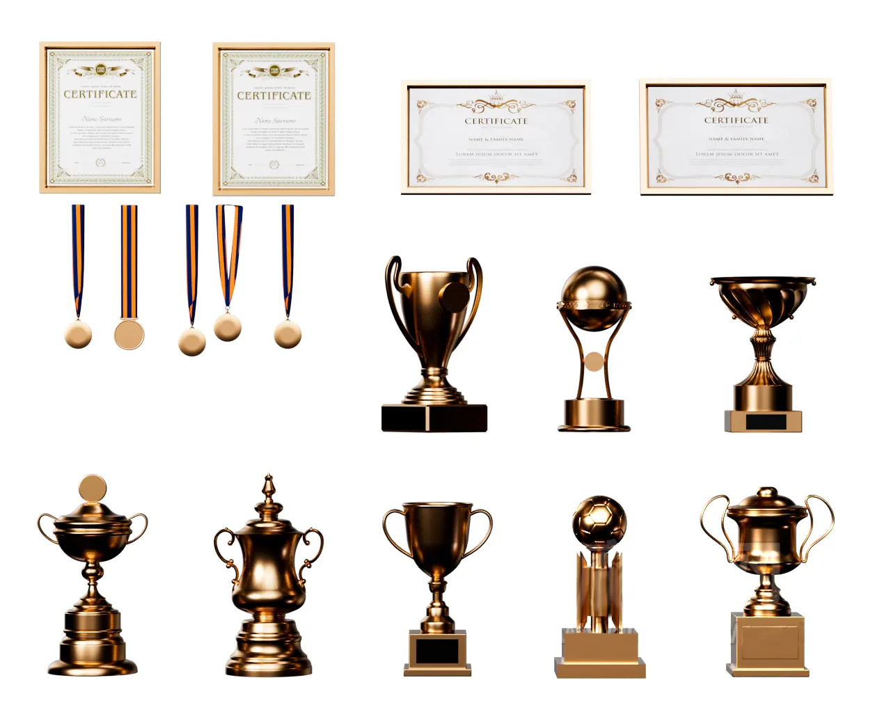 通用型高精度奖杯模型套装，附赠奖牌及荣誉证书，适配各类数字媒体和活动展示项目3D model of golden honor trophy