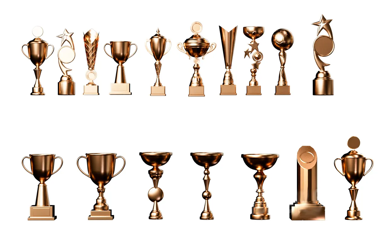 包含足球、星型、圣杯等原创奖杯造型的17款通用3D模型资源，支持个性化刻字与定制用途3D model of golden honor trophy