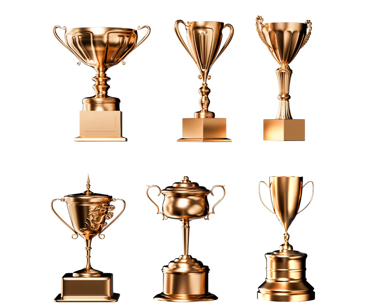6套奖项荣誉奖励3D奖杯模型大全，精品细节处理适配VR/AR教育、线上颁奖和宣传展示3D model of golden honor trophy