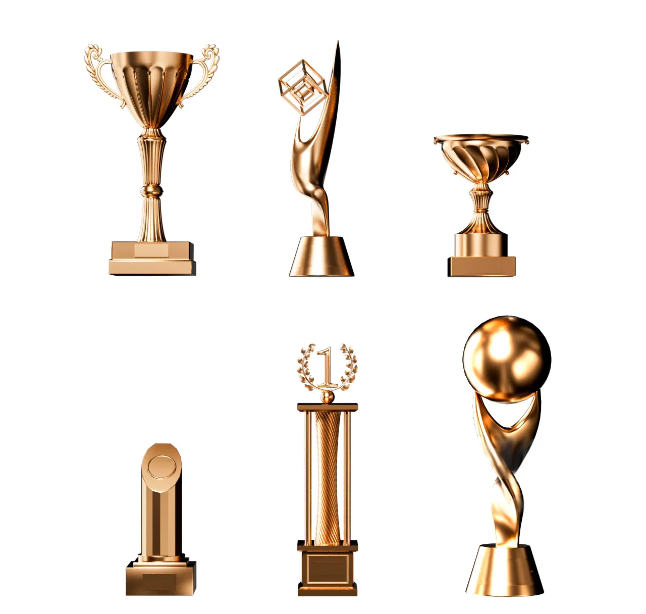 六款特色鲜明的金色奖杯3D素材，适用于广告宣传、赛事海报与互动展示设计下载3D model of golden honor trophy