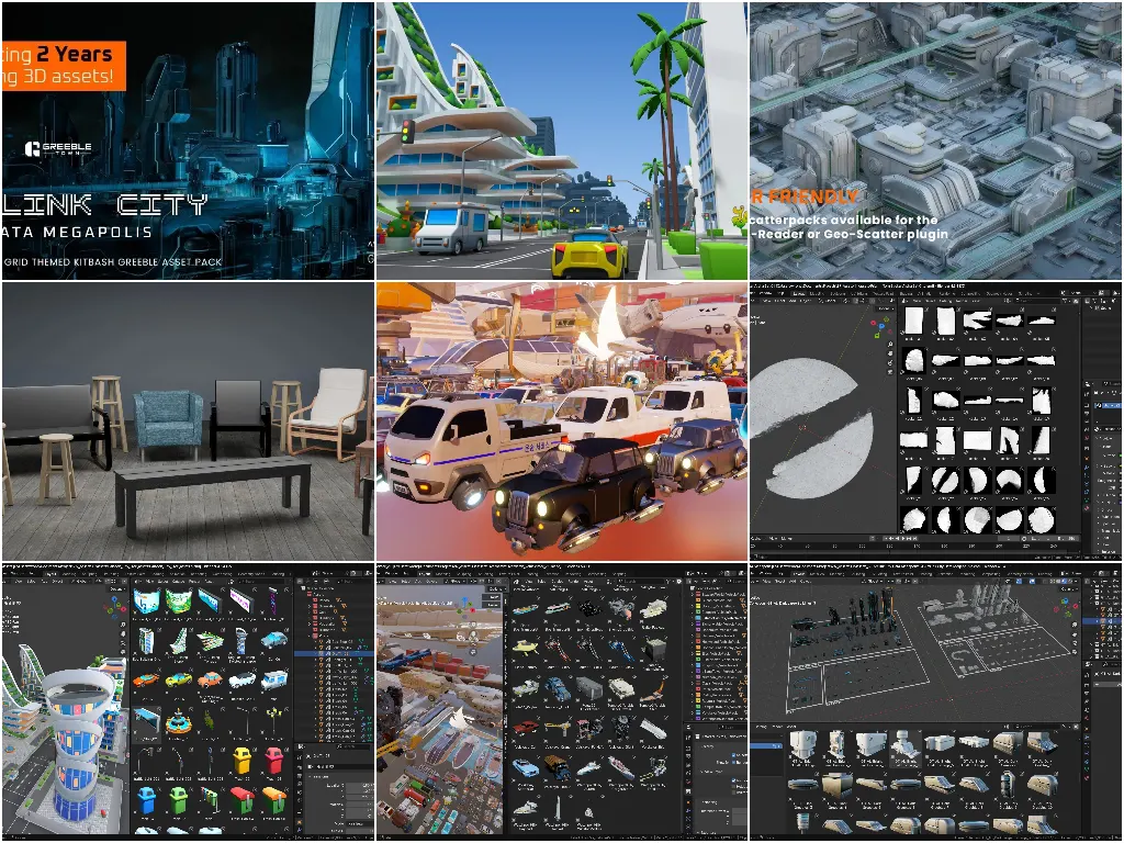 435个Blender资产包含科幻建筑卡通城市套件交通工具等