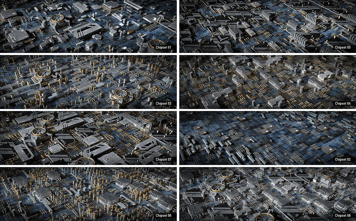 CPU主板配件元素3D模型资产预设 Greeble Town – Binary Frame Computer Mainboards