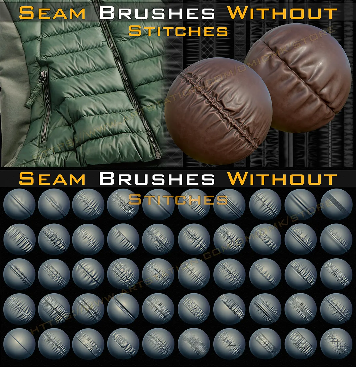 Artstation 50组ZBrush 4K羽绒服无缝缝线笔刷预设50 Seam Brushes Without Stitches